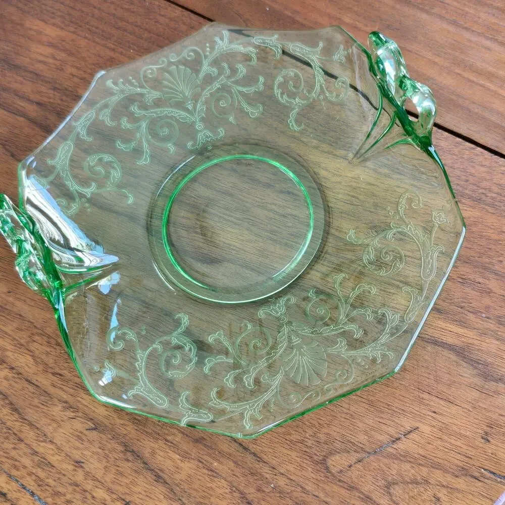 Vintage Fostoria Versailles Bon Bon Dish Green Glass Etched Bow Handle GLOWS